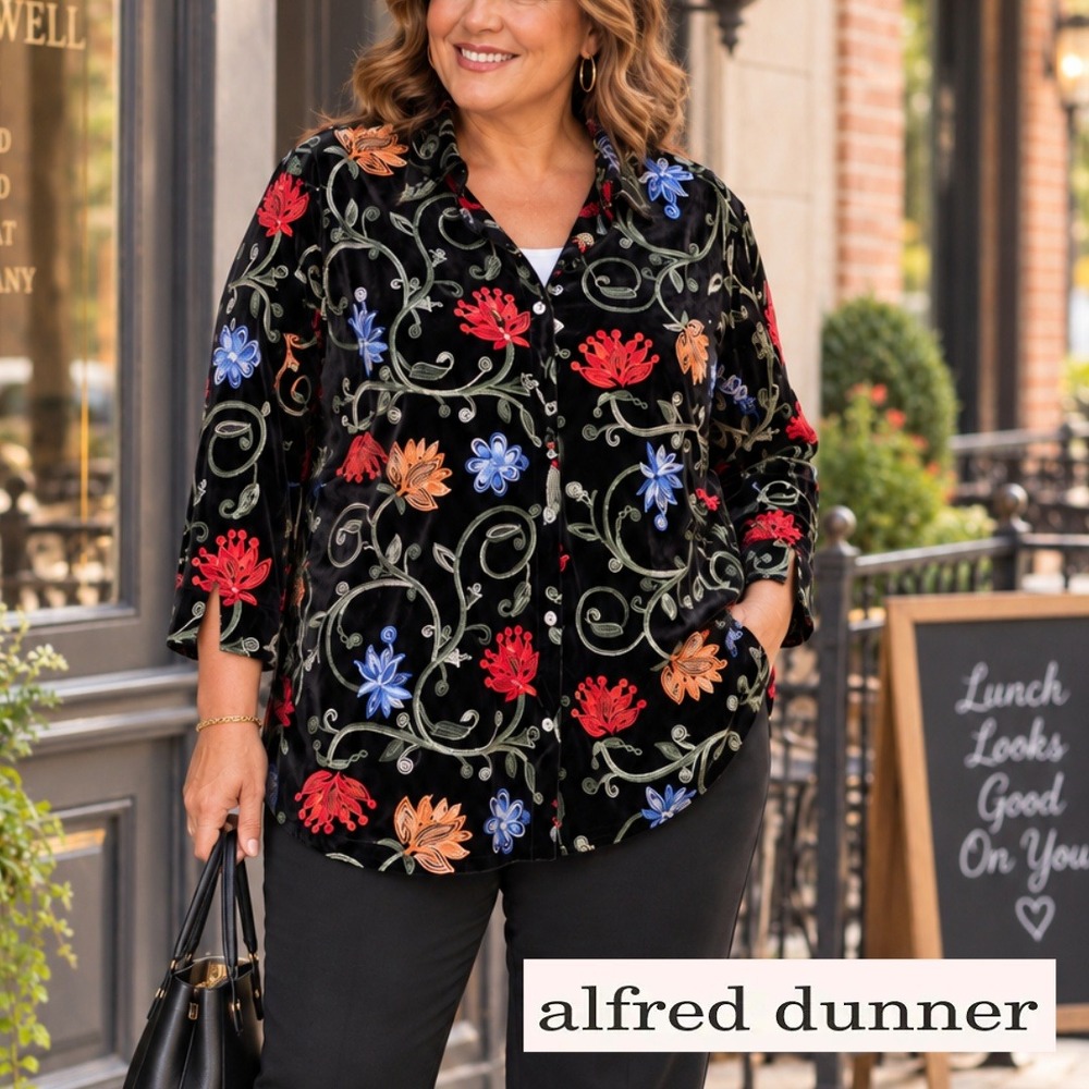 NWT, Alfred Dunner, Jet Setter Black Velvet Floral Embroidered 2pc Top Size 2X